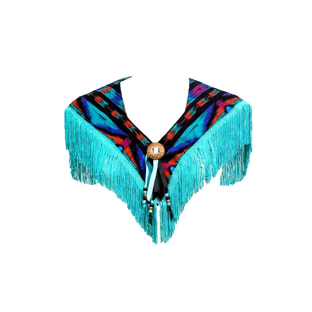 Vintage Sew-N-Oats Southwest Fringe Shawl Collar – Ikat Print with Beads & Conch